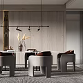 Modern Dining Table Set With Upholstered Chairs Pendant Lights And Wall Decor 3d model