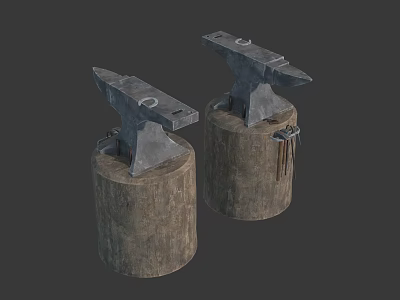 Two Rustic Blacksmith Anvils Placed On Solid Wooden Stumps With Metal Details 3d model