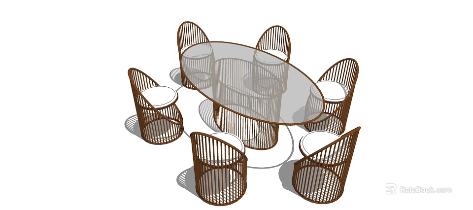 Modern Round Dining Table and Chair Set with Woven Rattan Design for Home Living 3d model 