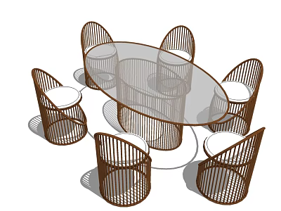 Modern Round Dining Table and Chair Set with Woven Rattan Design for Home Living 3d model