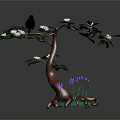 Cartoon Scene With Brown Tree Black Bird White Flowers Green Leaves And Purple Flowers On Grass
