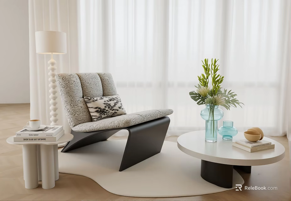 Modern Accent Chair with Side Table Lamp Round Coffee Table Green Plants and Decorative Pillows 3d model 