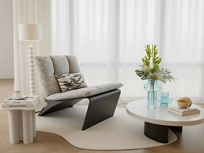 Modern Accent Chair with Side Table Lamp Round Coffee Table Green Plants and Decorative Pillows 3d model