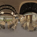 Modern Natural Restaurant Interior With Wooden Tables Rattan Chairs And Hanging Pendant Lights
