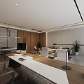Modern Front Desk Reception With Marble Countertop Two Computers Green Plant Gray Wooden Background Wall