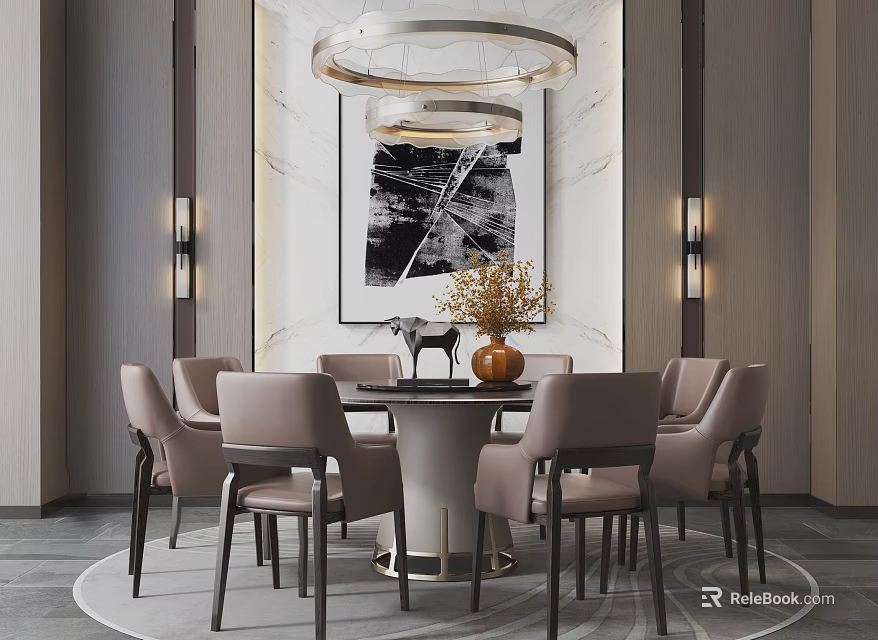 Elegant Modern Dining Table Set With Round Table Chairs Marble Wall And Chandelier 3d model