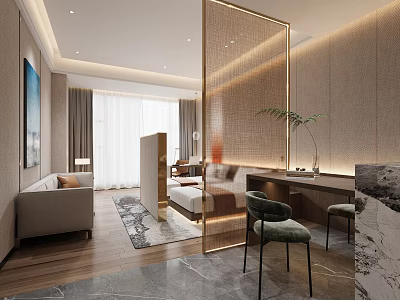 Elegant Modern Hotel Room Interior With Sofa Bed Wooden Flooring Partition Desk And Chairs 3d model
