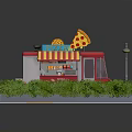 Red Pizza Truck With Striped Awning And Outdoor Dining Tables Near Green Bushes