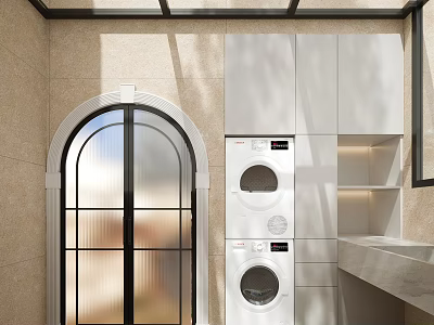 Functional Home Balcony Design With Washing Machine Dryer Cabinets And Arched Glass Door 3d model