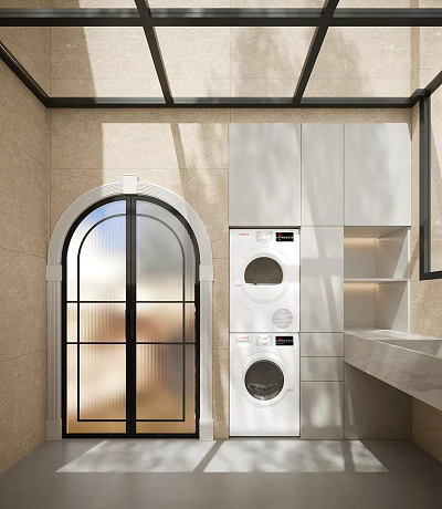 Functional Home Balcony Design With Washing Machine Dryer Cabinets And Arched Glass Door 3d model