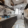 Elegant Modern Kitchen Interior With Marble Wall Gas Stove Orange Fruits Cabinets Window And Dishwasher