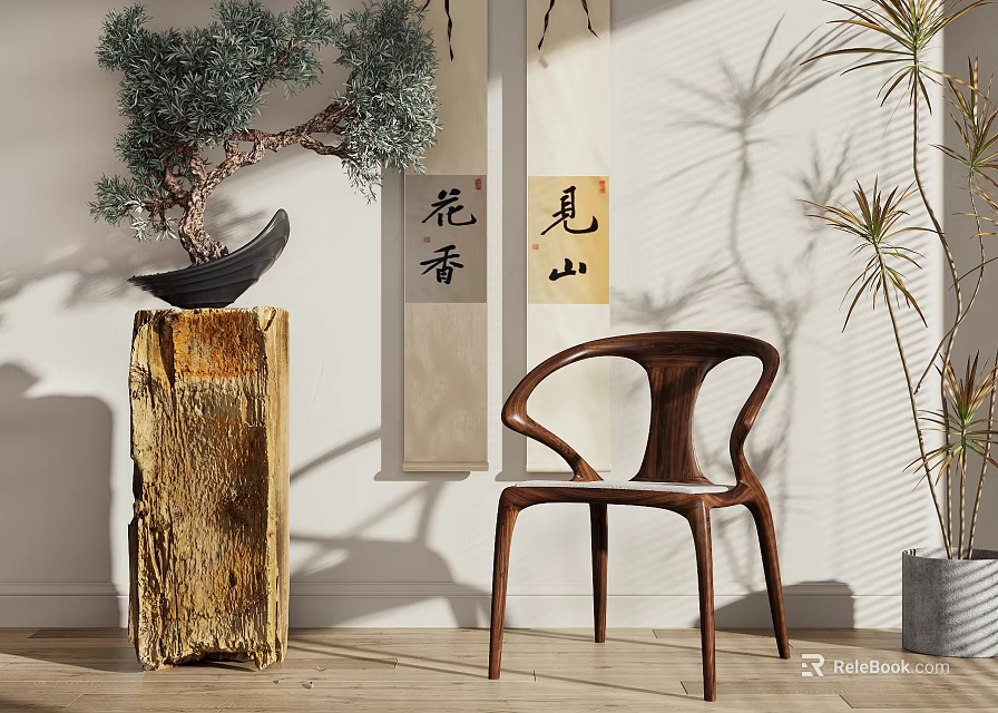 Elegant Wooden Leisure Chair With Zen Inspired Scroll Paintings And Natural Light Shadows 3d model 
