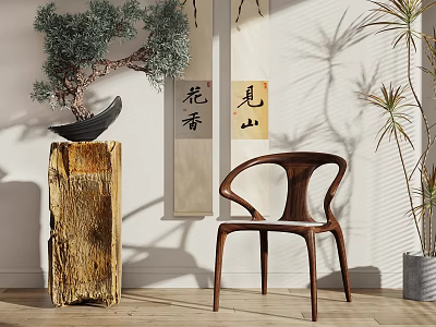 Elegant Wooden Leisure Chair With Zen Inspired Scroll Paintings And Natural Light Shadows 3d model
