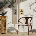 Elegant Wooden Leisure Chair With Zen Inspired Scroll Paintings And Natural Light Shadows