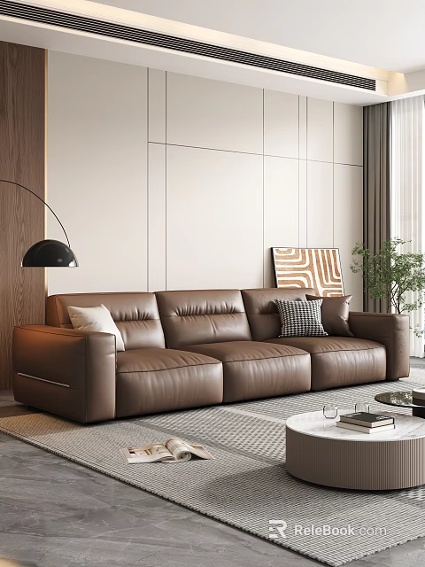 Modern Leather Sofa and Round Coffee Table Set with Accent Pillows Floor Lamp Green Plant and Abstract Painting 3d model 