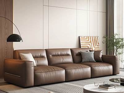 Modern Leather Sofa and Round Coffee Table Set with Accent Pillows Floor Lamp Green Plant and Abstract Painting 3d model