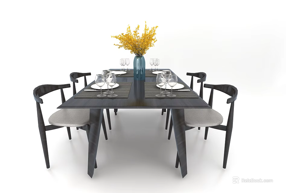 Modern Dining Table Set With Dark Table Six Chairs Gray Cushions Tableware Vase Yellow Flowers 3d model