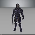 Futuristic Armored Character With Metallic Helmet And Weapon Standing In Dark Background