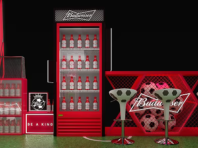 Budweiser Beer Display Scene With Red Cabinet Multiple Bottles Football And Bar Stools 3d model