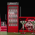 Budweiser Beer Display Scene With Red Cabinet Multiple Bottles Football And Bar Stools