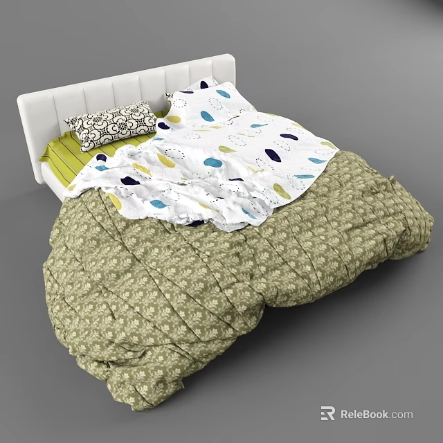 Comfortable Double Bed With White Striped Headboard Green Mattress And Polka Dot Bedding 3d model 