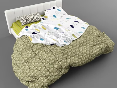 Comfortable Double Bed With White Striped Headboard Green Mattress And Polka Dot Bedding 3d model