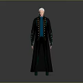 White Haired Character Design In Dark Long Coat With Gold Buttons And Blue Inner Garment