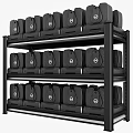 Black Metal Shelving Unit With Three Layers Of Black Containers Featuring White Logo