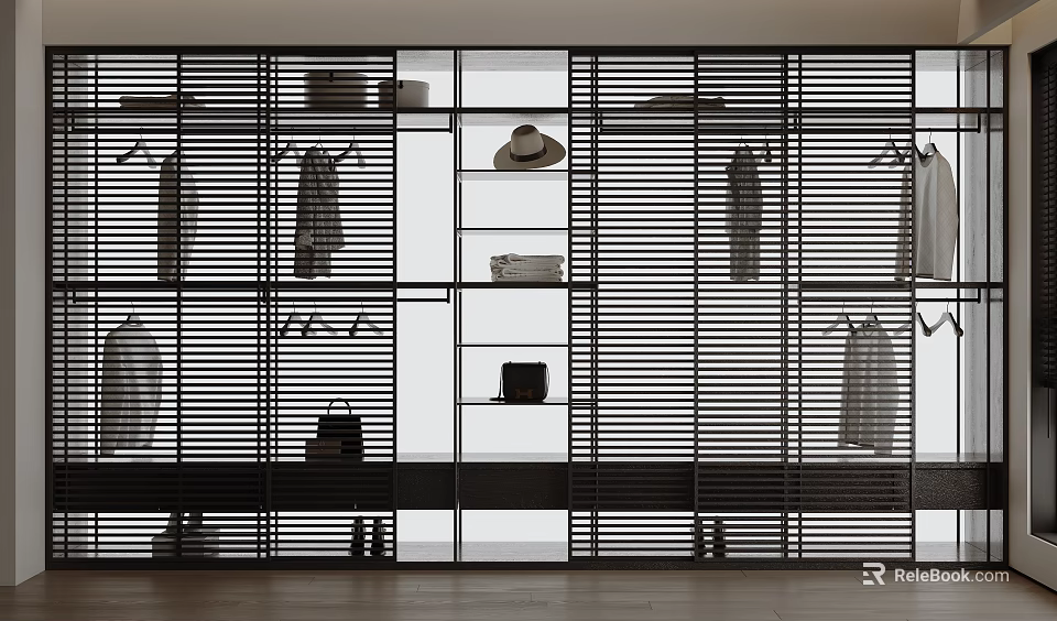 Modern Wardrobe Interior Design With Slatted Doors Open Shelves And Hanging Clothes 3d model 