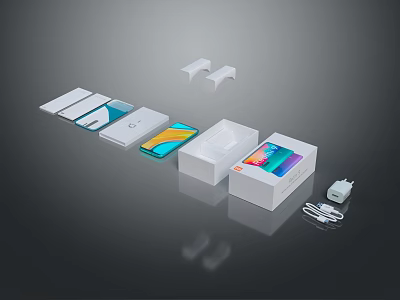 Modern Electronic Devices With Smartphone Packaging Box Charger Data Cable And Earbuds 3d model