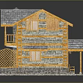 Two Story Log Cabin Model With Stone Walls Wooden Roof And Balcony Bench