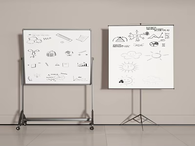 Whiteboards With Hand Drawn Startup Concepts And Office Icons On Stands 3d model