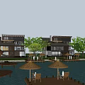 Wooden Guesthouse Building On Water With Deck Umbrella And Natural Green Surroundings