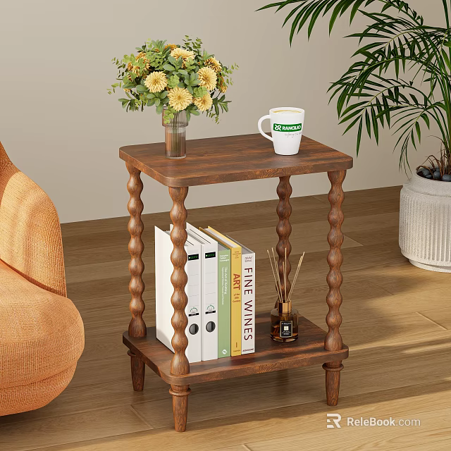 Dining Living Room Interior With Wooden Side Table Spiral Legs Yellow Flowers And Books 3d model 