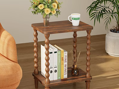 Dining Living Room Interior With Wooden Side Table Spiral Legs Yellow Flowers And Books 3d model