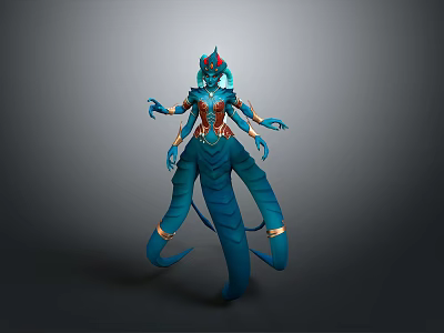 Blue Character Creature With Multiple Arms Red Head Accents And Golden Tail Details 3d model