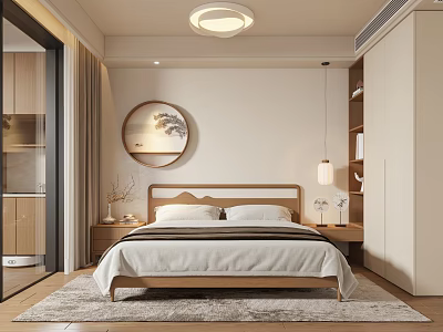 Modern Minimalist Bedroom With Wooden Bed Nightstand Wardrobe Round Decorative Painting Pendant Light And Rug 3d model