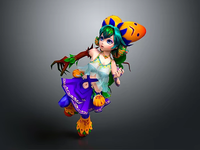 Vibrant Game and Movie Character with Green Hair Purple Skirt and Pumpkin Accessories 3d model