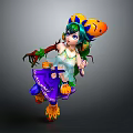 Vibrant Game and Movie Character with Green Hair Purple Skirt and Pumpkin Accessories