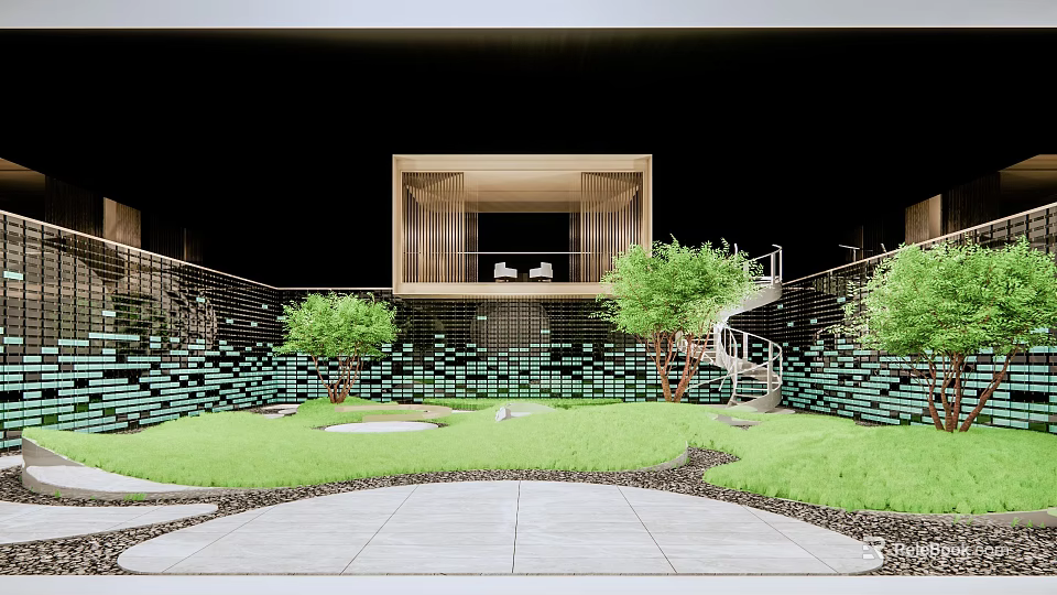 Modern Courtyard Garden With Green Plants Lawn Stone Path And Tiled Brick Wall 3d model 