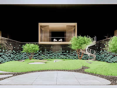 Modern Courtyard Garden With Green Plants Lawn Stone Path And Tiled Brick Wall 3d model
