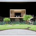 Modern Courtyard Garden With Green Plants Lawn Stone Path And Tiled Brick Wall