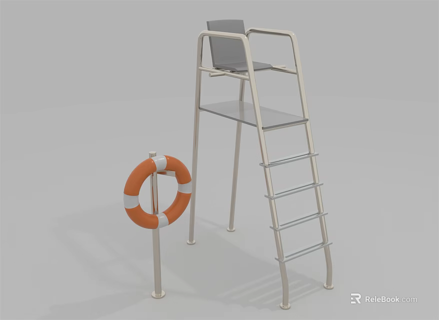 Sturdy Metal Lifeguard Observation Chair With Ladder And Orange White Striped Life Ring 3d model 