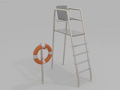Sturdy Metal Lifeguard Observation Chair With Ladder And Orange White Striped Life Ring 3d model
