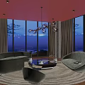 Modern Living Room Interior Design With Large Windows Sea View Round Sofas And Chandelier