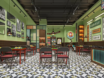 Elegant Restaurant Interior With Green Walls Black White Checkered Floors And Wooden Tables 3d model