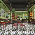 Elegant Restaurant Interior With Green Walls Black White Checkered Floors And Wooden Tables