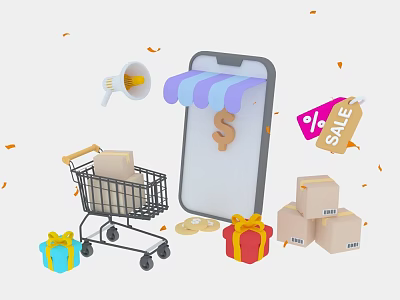 Mobile Shopping App Interface With Shopping Cart Gift Boxes Sale Tag And Cardboard Boxes 3d model