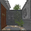 Garden Landscape Night Sky With Moon Stars Brick Wall Lotus Pool Wooden Deck Tables Umbrella