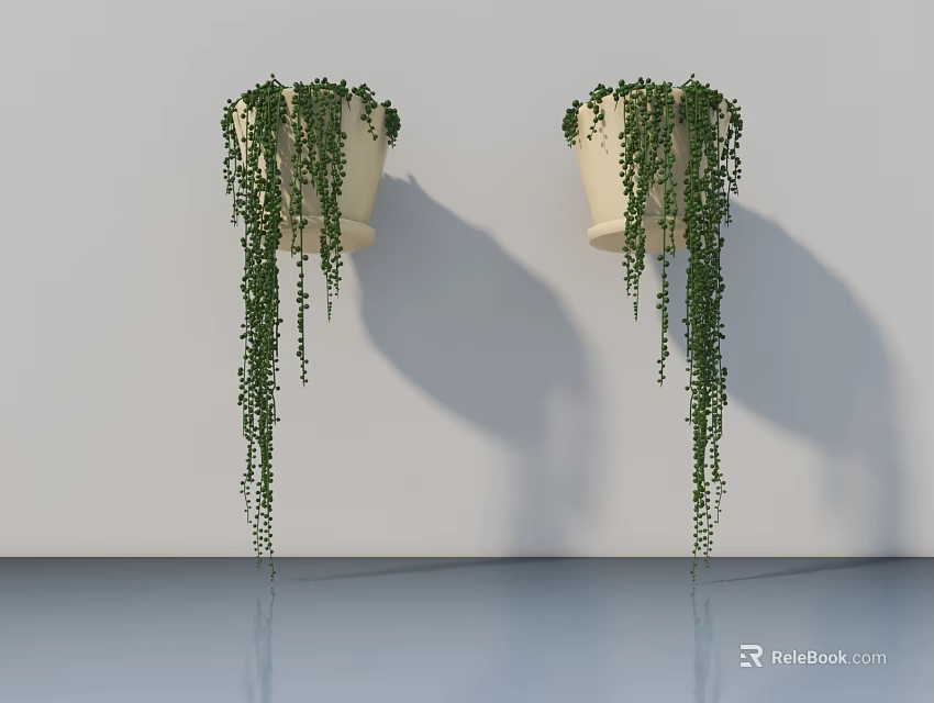 Wall Mounted Hanging Potted Plants With Light Colored Pots And Trailing Vines On White Wall 3d model 